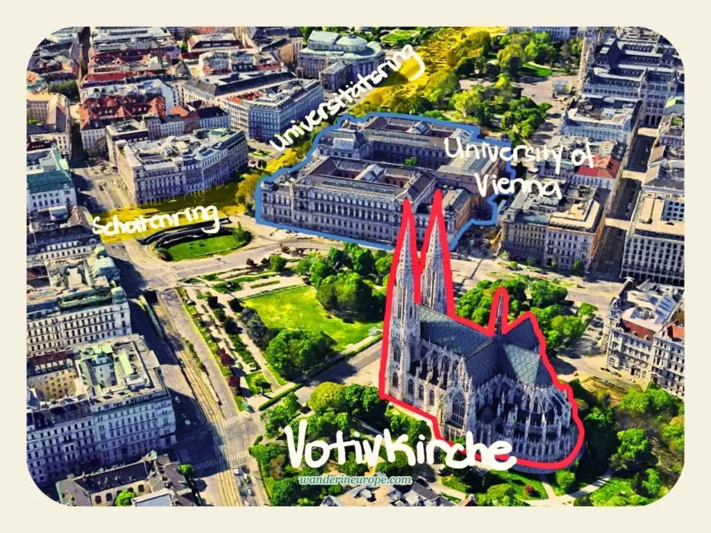 Location of Votivkirche along Ringstrasse, shown on a map of Vienna, Austria