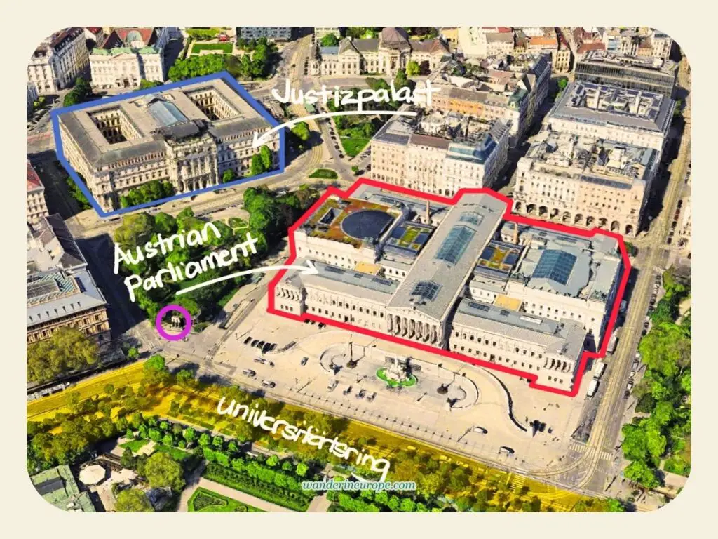 Location of the Austrian Parliament and Justizpalast, shown on a map of Ringstrasse, Vienna, Austria