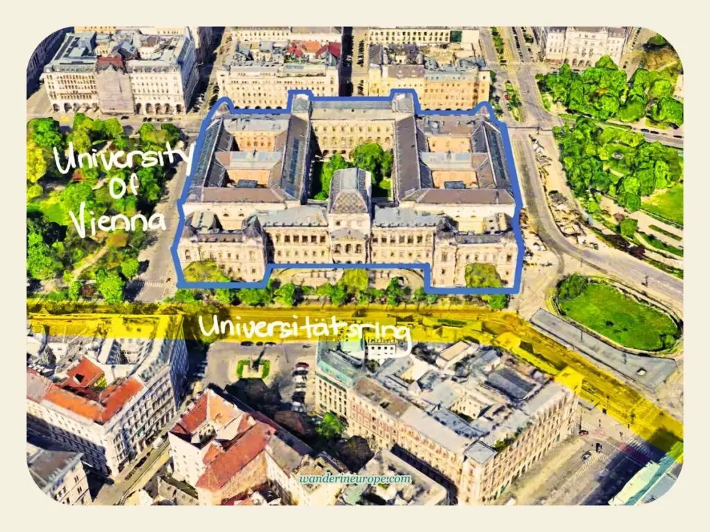 Location of the University of Vienna along Ringstrasse, shown on a map of Vienna, Austria