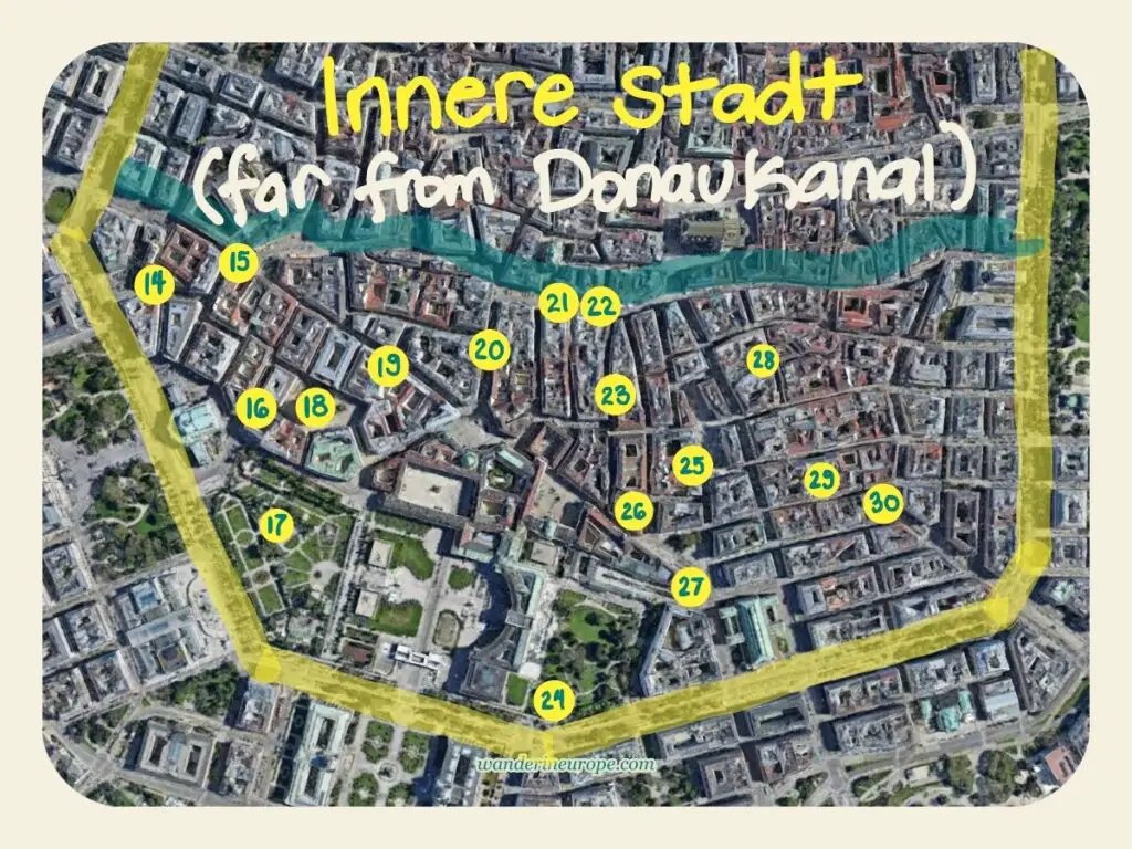 Map of Old Town Vienna, lesser-known tourist attractions within the perimeter of Ringstrasse far from Donaukanal, Austria