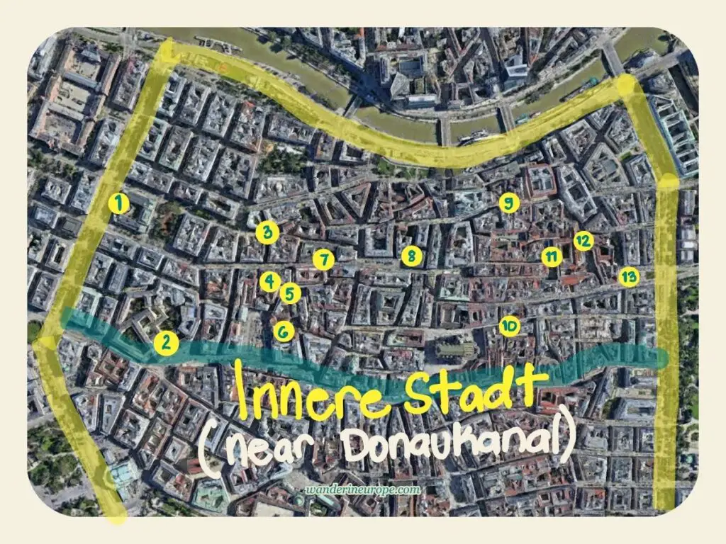 Map of Old Town Vienna, lesser-known tourist attractions within the perimeter of Ringstrasse near Donaukanal, Austria