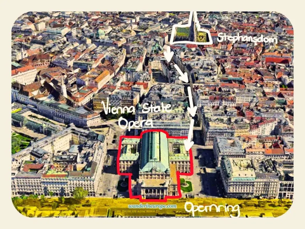 Map of Vienna, showing the location of Ringstrasse and Vienna State Opera, Austria