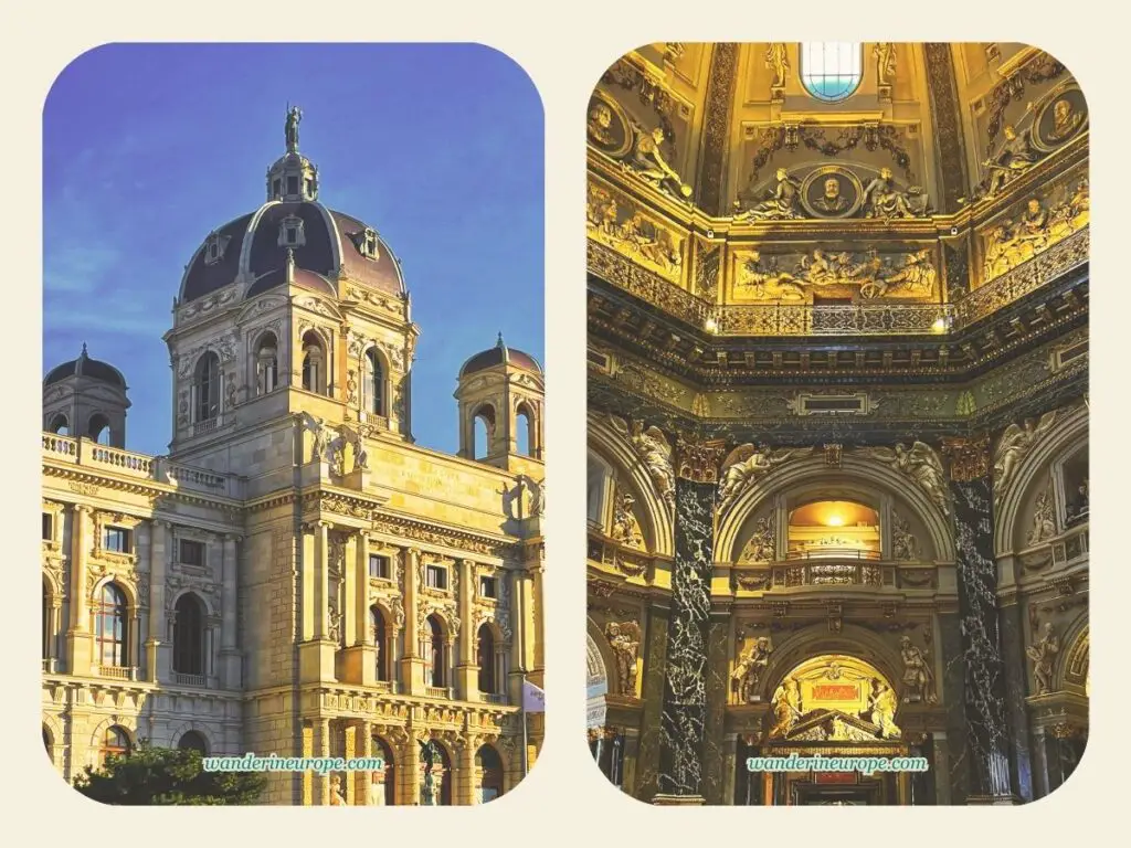 Outside and inside Kunsthistorisches Museum, one of the architectural marvels of Vienna, Austria