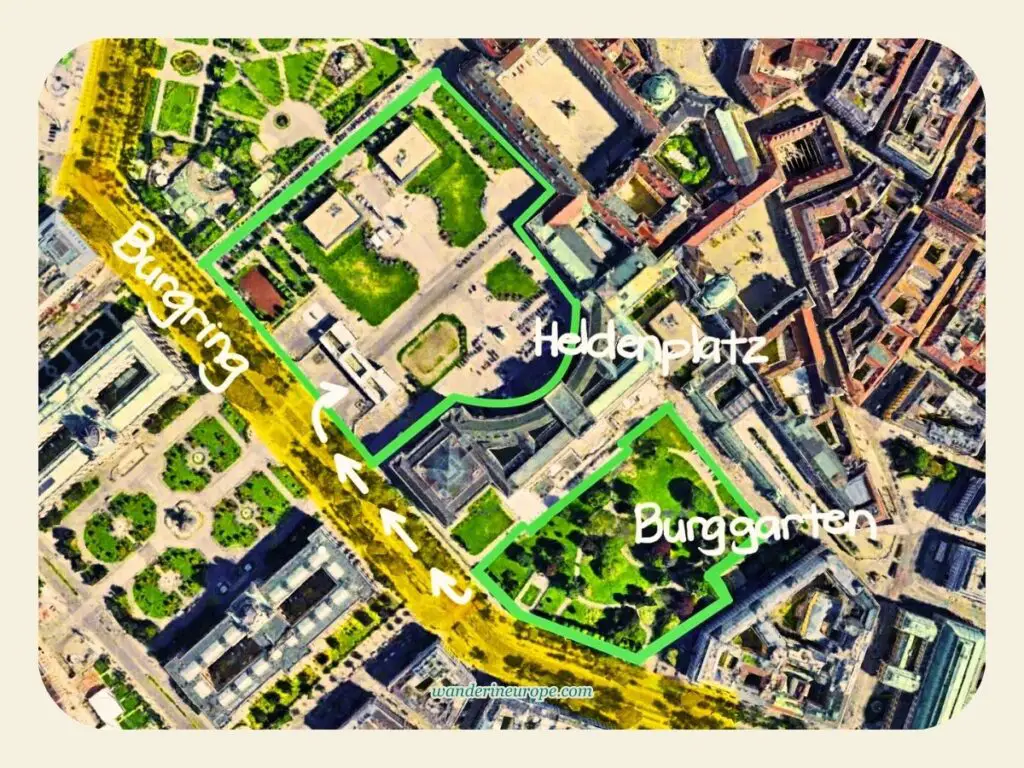 Route and distance from Burggarten to Heldenplatz, shown on the map of Ringstrasse in Vienna, Austria