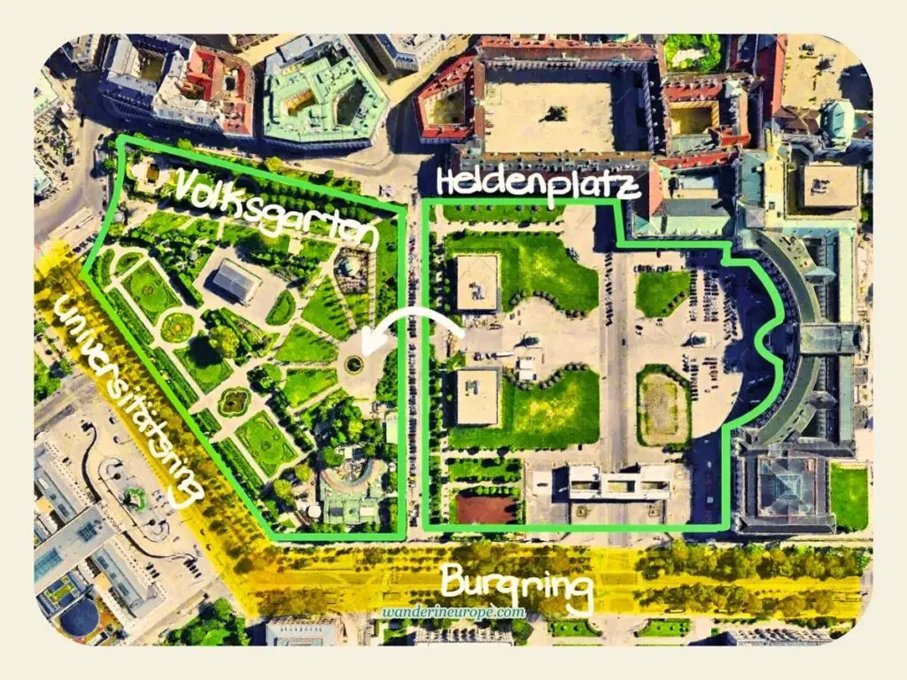 Route and distance from Heldenplatz to Volksgarten, shown on the map of Ringstrasse in Vienna, Austria