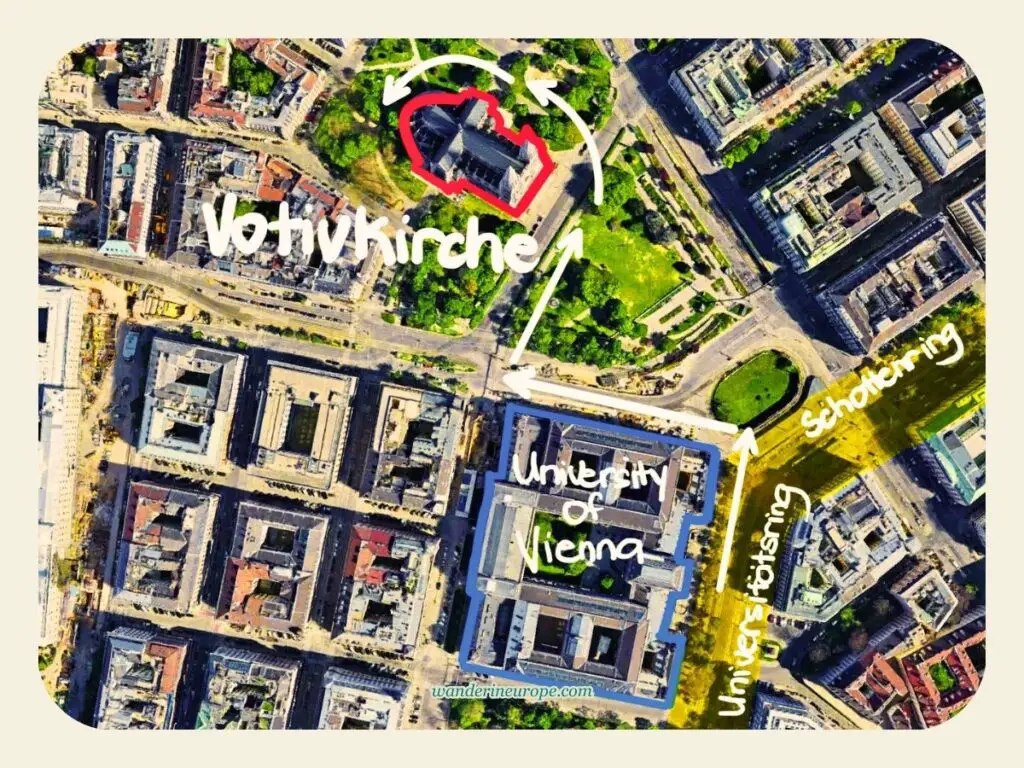 Route and distance to Votivkirche from University of Vienna, shown on a map of Vienna, Austria