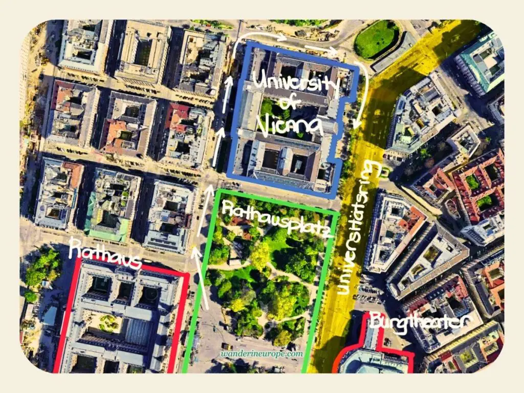 Route and distance to the University of Vienna from Rathausplatz, shown in a map of Ringstrasse, Vienna, Austria