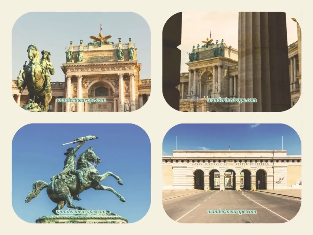 Scenes of the monument and landmarks in Heldenplatz — another square along Ringstrasse, Vienna, Austria