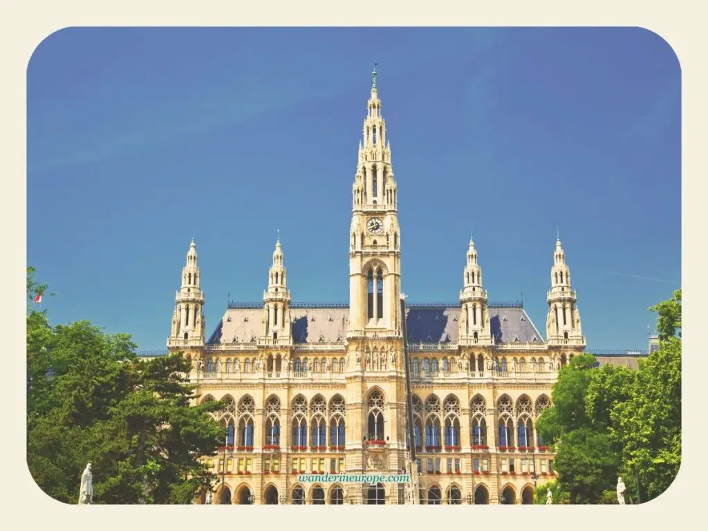 The view of Rathaus from Ringstrasse, an eye-catching landmark in Vienna, Austria