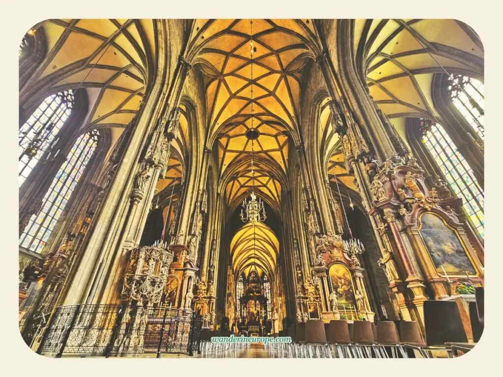 The view of the nave of Stephansdom from the narthex, a stunning interiors of an edifice in Vienna, Austria