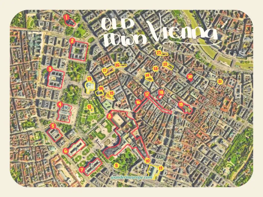 Map of Old Town Vienna with labels of the different tourist attractions, Austria